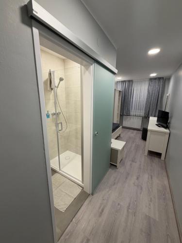 une salle de bain avec douche et porte vitrée dans l'établissement ''Am Limes'' Hotel, à Enns