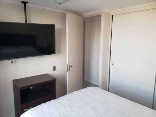 a bedroom with a bed and a flat screen tv at Zapahuira in Arica