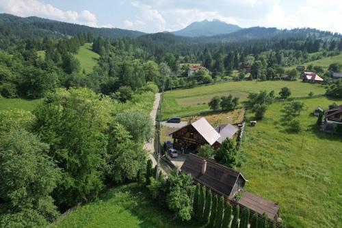 una vista aerea di una casa in un campo verde di Căsuța Bunicilor de la Munte a Ceahlău