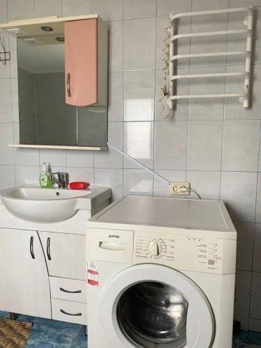 a laundry room with a washing machine and a sink at TaVa House 1 in Yaremche