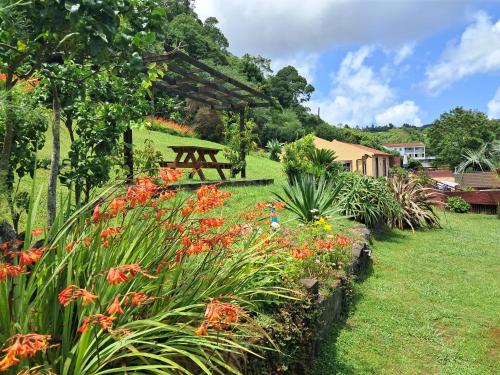 a garden with a picnic table and flowers at Casinhas in Praia do Almoxarife