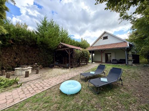 a backyard with two chairs and a blue frisbee on the grass at Csendzug Vendégház in Békésszentandrás