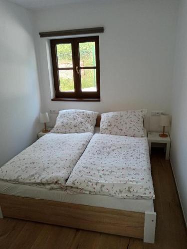 een slaapkamer met een bed met twee kussens en een raam bij Rekreační dům in Podmolí