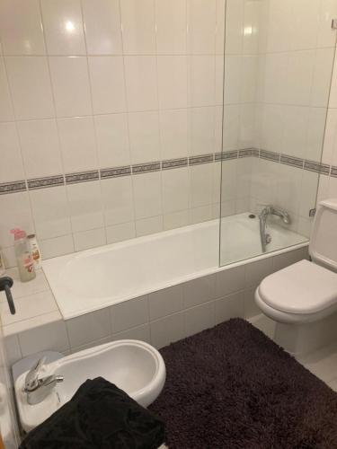 a bathroom with a toilet and a tub and a sink at Residência Albuquerque in Santa Maria Da Feira