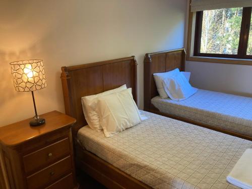a bedroom with two beds and a lamp and a window at Residência Albuquerque in Santa Maria Da Feira