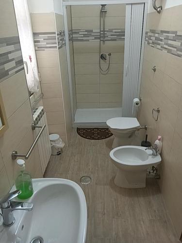 a bathroom with a sink and a toilet and a shower at La casa di Mascia in Roccasecca