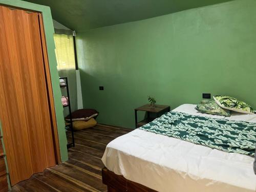 een slaapkamer met een bed en een groene muur bij Cabañita tipo Chalet in Fortuna