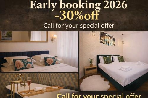 a flyer for a hotel room with two beds at Joseph Hayn Apartments in Sighişoara