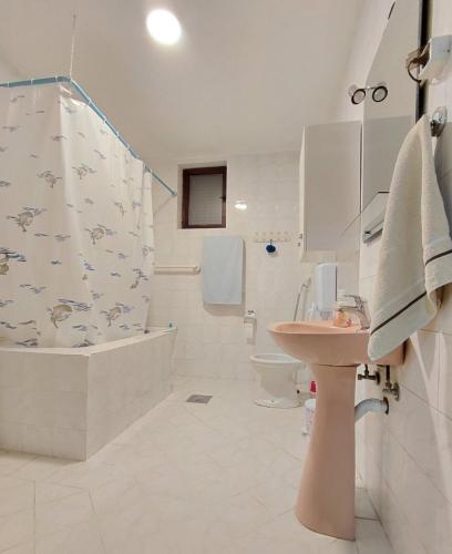 a bathroom with a shower and a sink and a toilet at Apartment Maruni in Šušanj