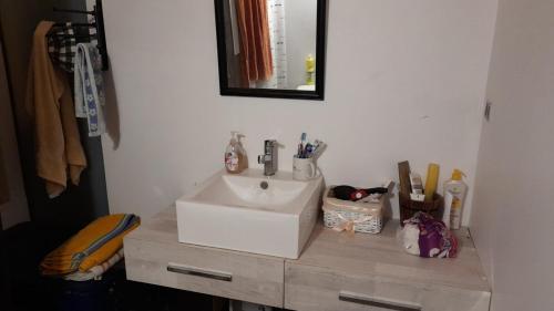 a bathroom with a white sink and a mirror at Casa en Concon in Vina del Mar
