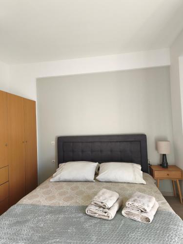 una camera da letto con un letto con due asciugamani sopra di Dn'A home by the lake a Anatolí