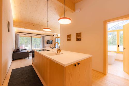 une cuisine avec un évier et un plan de travail dans l'établissement Hugo und Pepi Appartements, à Mittelberg