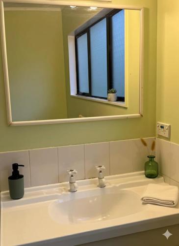 a bathroom with a white sink and a mirror at Wellington Suburb Stay in Wellington