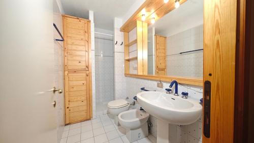 une salle de bain blanche avec un lavabo et des toilettes dans l'établissement Hostdomus- Abeti Apartments, à Sestrières