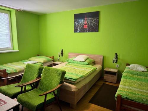 een groene kamer met 2 bedden en 2 stoelen bij Privat DAŇO in Lisková