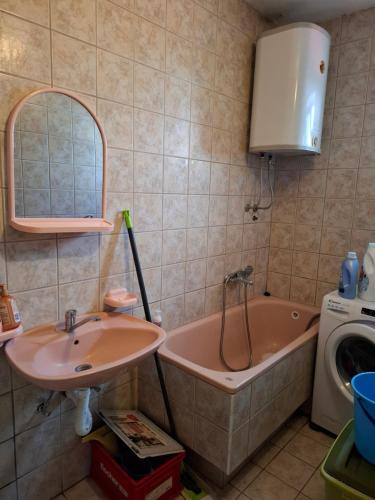a bathroom with a sink and a tub and a washing machine at Nature Nest Više Selo in Blace
