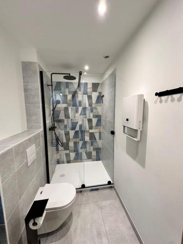 een kleine badkamer met toilet en douche bij Ocean et Golf in Anglet