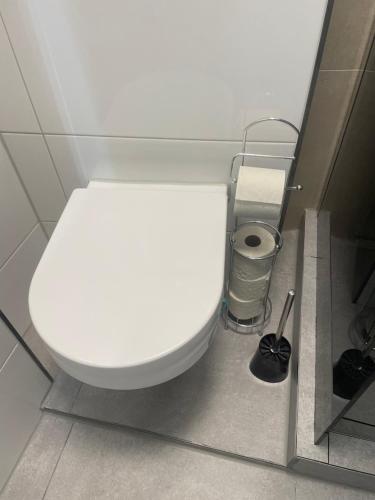 een badkamer met een wit toilet in een stal bij Maisonette am Burg in Möckmühl