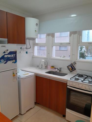 a kitchen with a white refrigerator and a sink at Vane Bravo in Mar del Plata