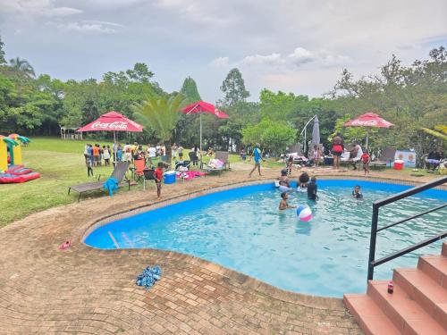 eine Gruppe von Menschen, die in einem Schwimmbecken spielen in der Unterkunft Kruger Island Resort in White River