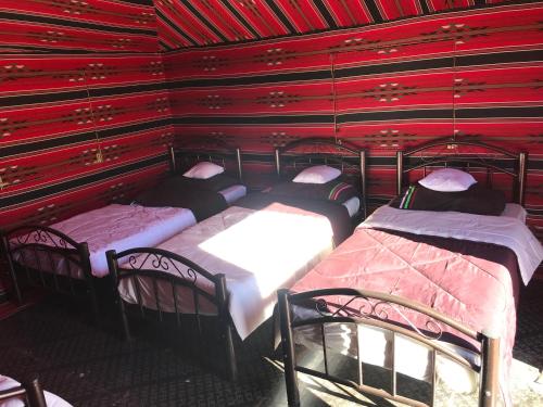 a room with four beds in it with red walls at wadi Rum Desert Legends in Wadi Rum