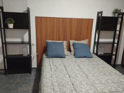 une chambre avec un lit avec deux oreillers bleus dans l'établissement Mar y Sol I Candelaria, à Punta Larga