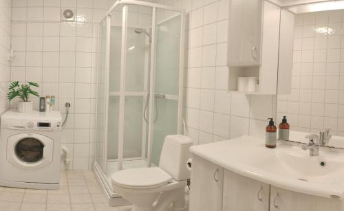 un bagno con un water, un lavandino e una lavatrice di Apartment - Free parking - Outside area - Private - Close to nature - Self check in a Tromsø