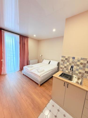 a bedroom with a bed and a kitchen with a sink at Cosy City-View Flat in Mtatsminda, flat 6 in Itʼkhvisi