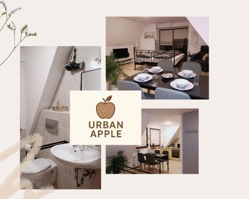 een collage van foto's van een woonkamer en een appartement bij Urban Apple in Bad Mergentheim