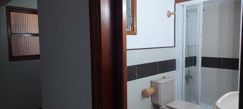 a bathroom with a toilet and a glass shower at Gáldar-Centro in Gáldar