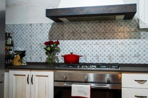 eine Küche mit einem Herd mit einem roten Topf darauf in der Unterkunft Casa Palmira in Polcanto