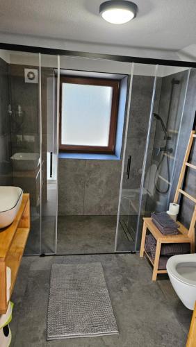 a bathroom with a shower and a toilet and a sink at Apartament NA PIĘTERKU in Rzepiska