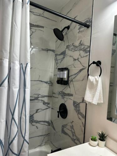 a bathroom with a shower with a shower curtain at Charming 2-bedroom apartment with Washer and Dryer in Jersey City in Jersey City