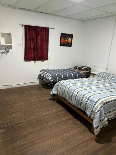 tre letti in una stanza con una finestra rossa di Alquiler miramar a Miramar