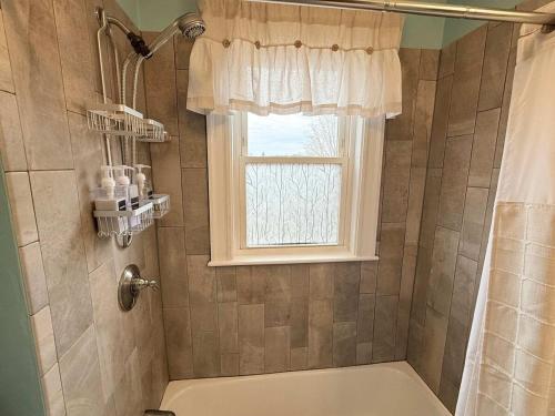 a bathroom with a shower and a window and a tub at Gallows Hill Guest House in Salem