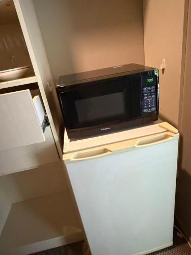a microwave sitting on top of a refrigerator at Sunny garden view bedroom with private bathroom in Auckland