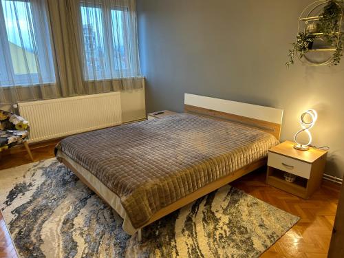 a bedroom with a large bed and a rug at Hram View Apartment, Valjevo Center in Valjevo