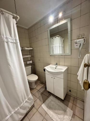 a bathroom with a shower and a sink and a toilet at NEW HOTEL CRUZ DEL SUR in Concepción