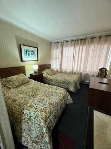 a hotel room with two beds and a window at NEW HOTEL CRUZ DEL SUR in Concepción