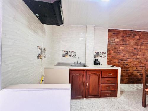 een keuken met een wastafel en een bakstenen muur bij Casa Nobsa ArteSana in Nobsa