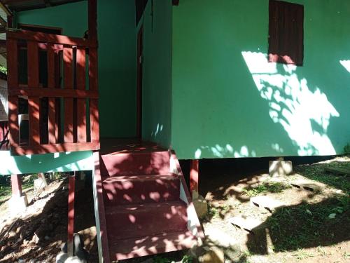 Ein roter Stuhl steht neben einer grünen Wand in der Unterkunft Cabinas mandarina in Cocles