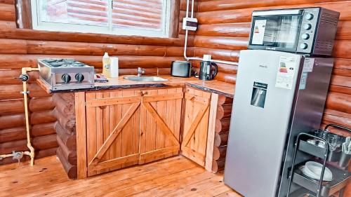 a kitchen with a refrigerator and a microwave at Las Amapolas in Villa Giardino