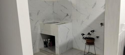 ein Badezimmer mit einem weißen Marmorkamin und einer Pflanze in der Unterkunft Casa Doña Blanca in Guaduas