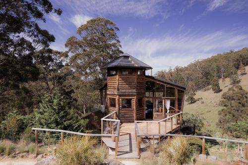 a tree house with a staircase leading up to it at Wilderness Retreat 15mins to CBD, bath tub, forest views in Ridgeway