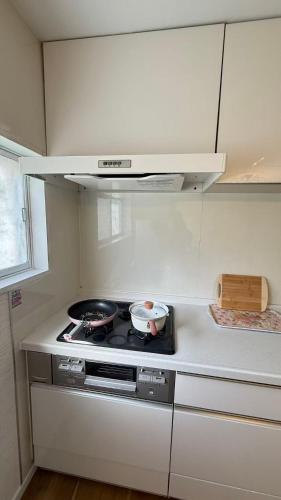 a kitchen with a stove with two pans on it at Near Mitaka Museum of Art in Mitaka