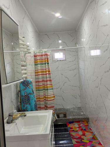 een badkamer met een wastafel en een spiegel bij Nurdan Guest House in Kara-Koo