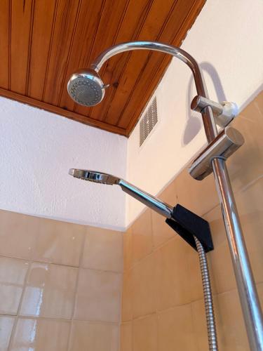 einen Duschkopf in der Ecke eines Badezimmers in der Unterkunft 85 m2 de plain-pied, 2chambres, 3 lits dans maison confortable avec vue sur la vallée et les Pyrénées ariégeoises, grande terrasse avec barbecue et parking gratuit in Castéras