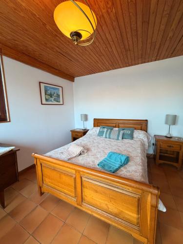 Schlafzimmer mit Holzbett und Holzdecke in der Unterkunft 85 m2 de plain-pied, 2chambres, 3 lits dans maison confortable avec vue sur la vallée et les Pyrénées ariégeoises, grande terrasse avec barbecue et parking gratuit in Castéras