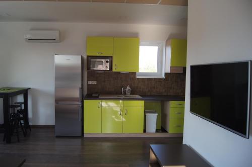 a kitchen with green cabinets and a stainless steel refrigerator at Apartman Panorama in Štúrovo