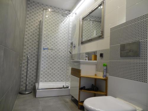 ein Bad mit einer Dusche, einem WC und einem Waschbecken in der Unterkunft OperaApart in Warschau